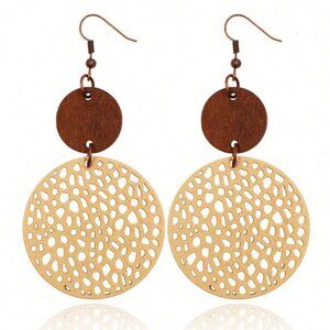 Cream Fashion Wooden Hollow Out Round Drop Earrings